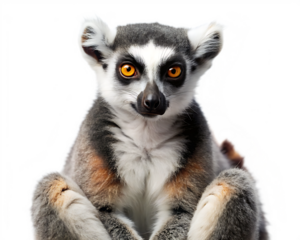 Up-close portrait of a ring-tailed lemur posing with bright orange eyes against black background