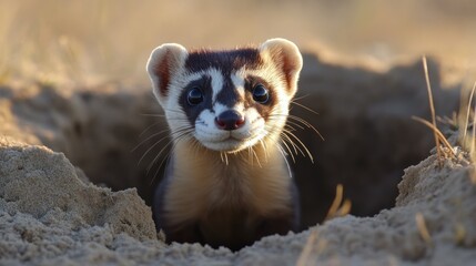 Fototapeta premium A curious black-footed ferret emerges from its underground burrow background wallpaper AI generated image
