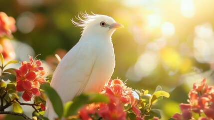 Fototapeta premium A Bali starling perched on a flowering tree, its feathers beautiful white, background wallpaper AI generated image
