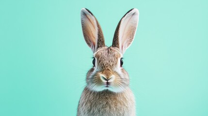 Fototapeta premium Cute rabbit portrait against teal backdrop