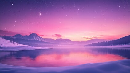 Winter lake at vibrant sunset, snow-covered mountains