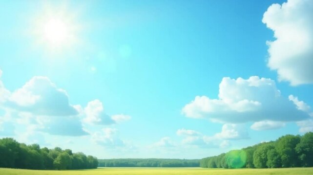 Bottom view of beautiful summer sky with white clouds. . Natural background with a field, forest and bright sky.
