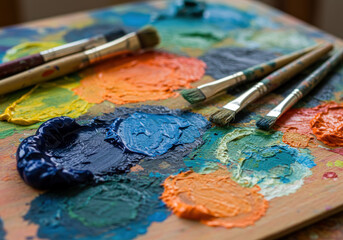 Obraz premium Palette with paint and brushes on table.