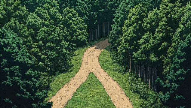 Two dirt roads diverging in a lush forest