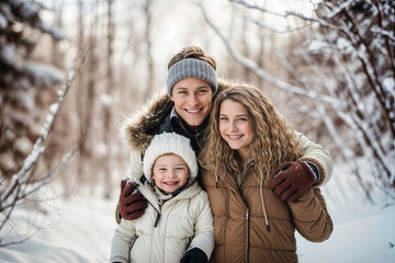 Fototapeta premium Happy family portrait in snowy woods. Smiling mother, father, child embrace in winter landscape, wearing warm clothes, enjoying outdoor time together.