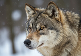 Fototapeta premium A wolf in the snow, staring intensely ahead.