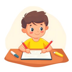 Professional flat vector illustration of a little student boy erasing a character