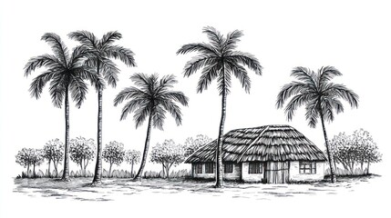Hand-drawn tropical village scene