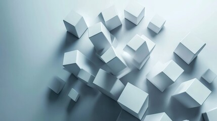 Abstract composition with white cubes arranged in a dynamic and modern arrangement.