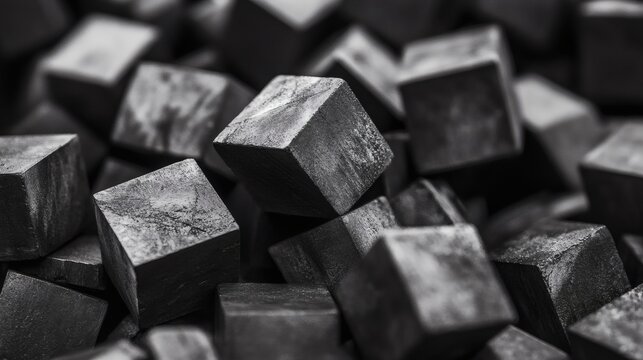 A monochromatic photo of a cluster of dark cubes, showcasing a detailed textural effect.