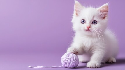Cute white kitten playing with yarn