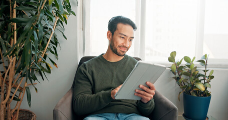 Appointment, sign in and tablet with man in waiting room of office for personal information. Application, digital form and schedule with person in lobby of spa for session, therapy or wellness