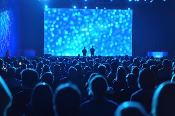 Conference hall full. Audience listens