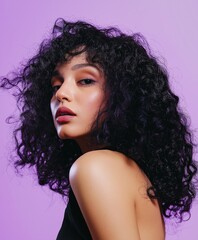 Fototapeta premium Beauty Fashion model. woman's face & beautiful voluminous hair. Beautiful female face. Healthy hair with a luxurious Updo haircut. Waves, Curls Volume Hairstyle. Hair Salon.