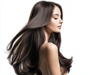 Fototapeta premium A beautiful woman wearing a black strapless dress with her hair blowing in the wind, on a white background.