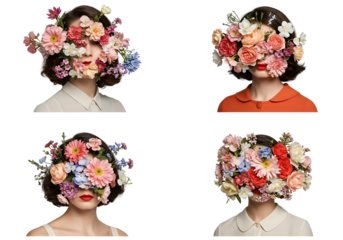 Woman Portrait Hidden by Blooming Flowers Transparent Background