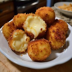 Golden-brown, crispy fried cheesecake bites filled with creamy, melted cheese centers.