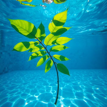 Green leaf tree floating underwater in swimming pool in daty time with sun light flare with clear transparent blue water and mosaic wall pattern background in real photography close up shot