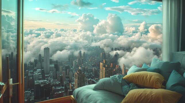 Fototapeta New york city skyline, seen through a window, with clouds enveloping the urban landscape.
