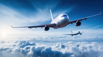Two passenger jets soaring above fluffy clouds on a bright day.