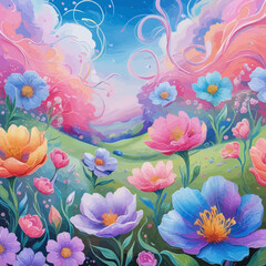 Vibrant Floral Fantasy Landscape Painting Colorful Blossoms Dreamlike Meadow Artistic Flowers Springtime Nature Scene Whimsical Garden Pastel Colors Artistic Illustration Beautiful Botanical Art Sky  