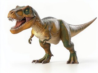 Detailed realistic model of a fierce tyrannosaurus rex dinosaur with sharp teeth, textured skin, and powerful legs on a white background