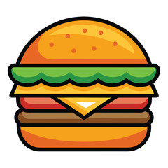 Cartoon Burger Icon with Cheese, Tomato, Lettuce, Beef Patty & Black Outline