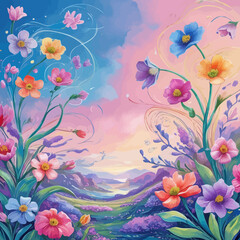 Vibrant Floral Fantasy Landscape Artistic Painting Colorful Flowers Blooming Meadow Dreamlike Pastel Pink Blue Purple Orange Yellow Green Artistic Illustration Whimsical Nature Scene Beautiful        