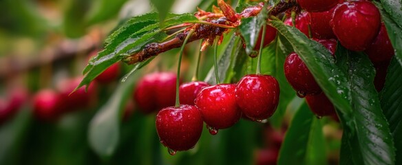Obraz premium The Vibrant Cherries Glistening with Water Droplets on a Branch