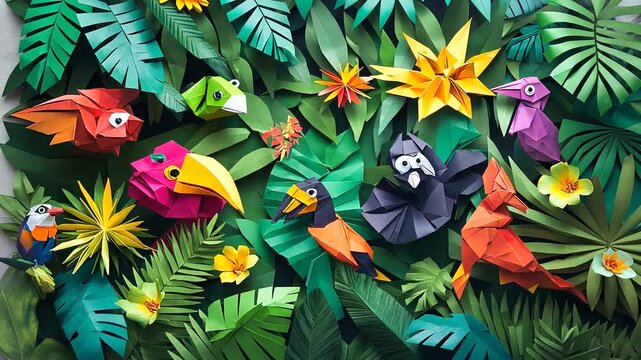 Colorful paper origami animals among vibrant tropical foliage with flowers in a lush jungle setting