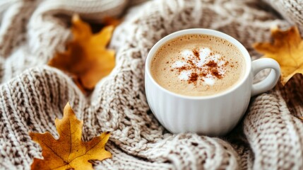 Cozy Autumn Latte with Knitted Sweater and Fall Leaves