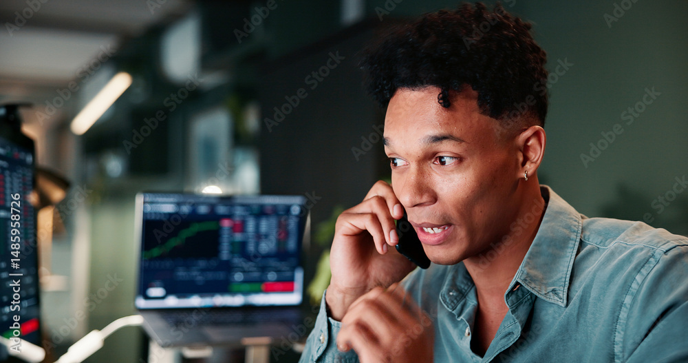 Aufkleber phone call, communication and man in office with trading at night for client investment account. tec