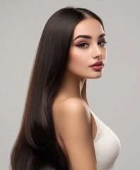 Fototapeta premium photography masterpiece, half-body shot, a beautiful American woman, very Thick and very shiny hair, long wave hair.