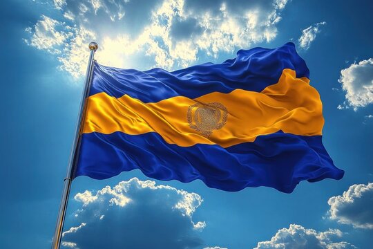 Blue and yellow flag with central emblem waving against a bright partly cloudy sky with sun rays