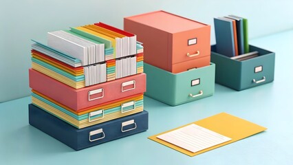 Stack of colorful file drawers overflowing with documents. Clean, modern 3D illustration on a light blue background.  Represents efficient organization and effective record-keeping in business.