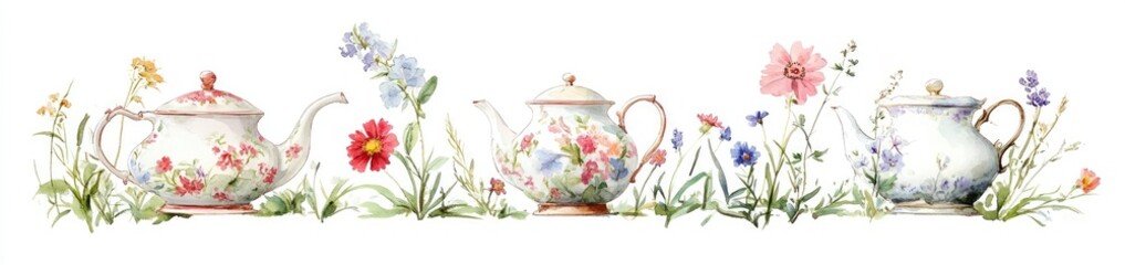 Floral teapots and wildflowers in a row