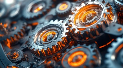 Close-up of intricate gears, intricate details, metallic, glowing