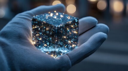 A gloved hand gently holding a glowing digital cube, symbolizing modern technology.