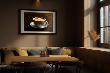mocha mousse colored wall in cozy cafe interior, framed latte-themed print, warm light ambiance, wood texture table 12