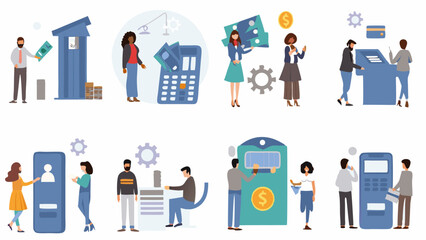 Banking operations illustrations: Visuals depict a variety of banking operations and services. Financial transactions, interactions with ATMs and other aspects of banking.