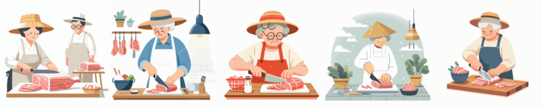 vector grandmother cutting meat