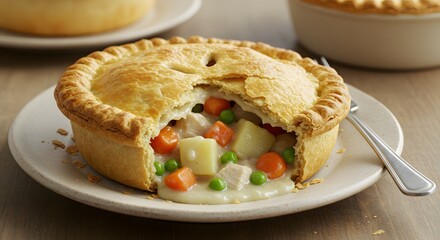 Close up of a chicken pot pie on a white plate with visible peas and carrots