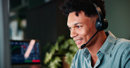 Trading call center, smile or man on computer for customer service, investment advice and market insight. Contact us, advisor and broker with client query for financial news, assistance and charts