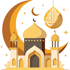 Vector illustration shows a mosque, an architectural building with a tower, an icon of religion and travel, possibly an Indian landmark or monument