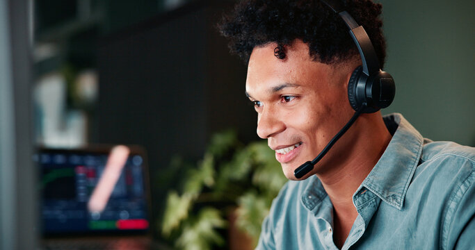 Trading call center, smile or man on computer for customer service, investment advice and market insight. Contact us, advisor and broker with client query for financial news, assistance and charts