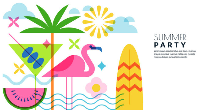 Summer background with palm, flamingo, cocktail, watermelon. Vector flat illustration. Beach party banner, poster design - Powered by Adobe