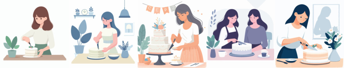 vector woman cutting cake
