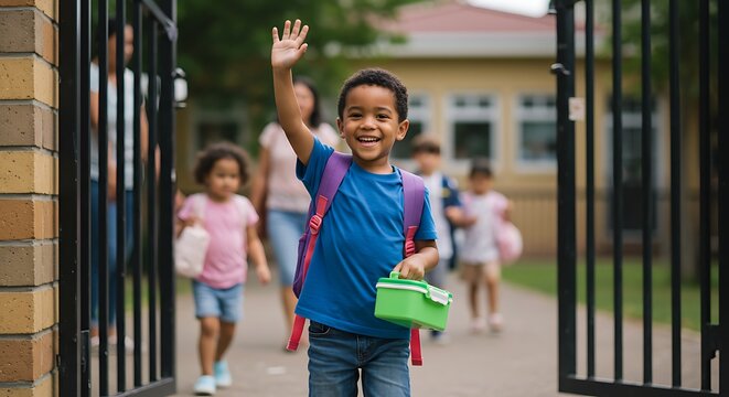 A young, smiling boy waving happily as he leaves school with his lunchbox in hand.