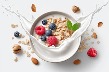 Delicious yogurt bowl with fruits and nuts surrounded by splashing milk
