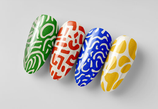 Glossy Nail Tip Mockup &ndash; Realistic PSD Template Featuring Multicolor Abstract Nail Art Designs for Gel Polish Branding, Beauty Product Display, or Manicure Presentation